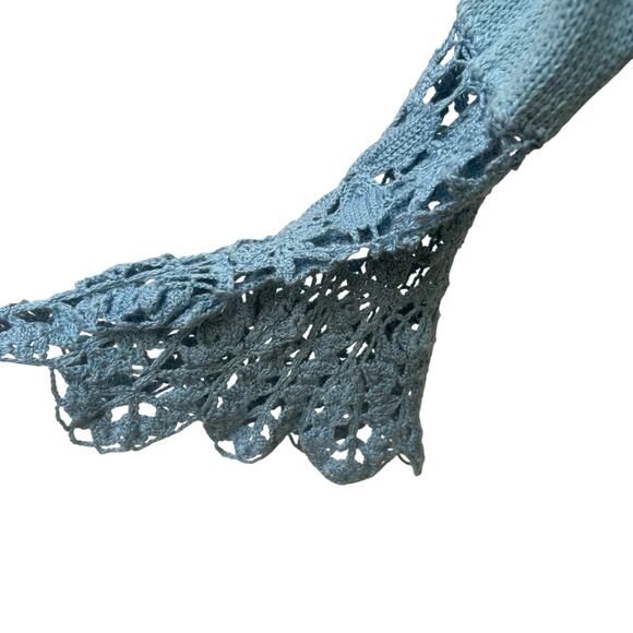 VTG Nine West Cardigan Sz L Blue Ramie Open Front Crochet Bell Sleeve Boho Y2K - Picture 4 of 10